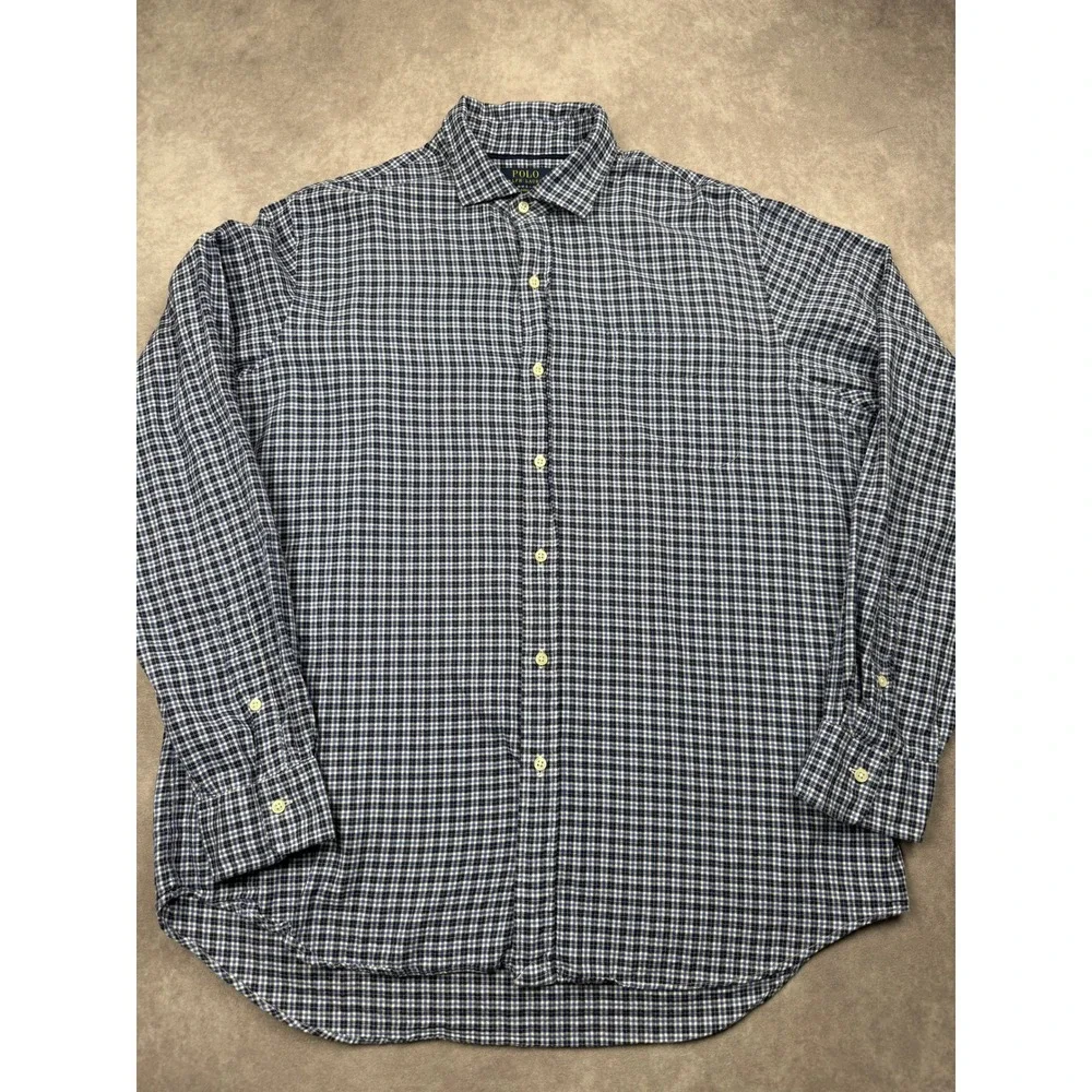 Polo Ralph Lauren Mens XL Classic Fit Plaid Button Shirt Navy Blue White Classic